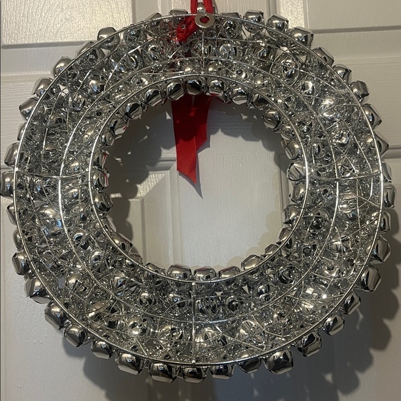 Festive Silver Jingle Bell Wreath with Red Bow - Picture 3 of 3